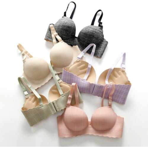 Women Plaid Seamless Push Up Bra Sexy Gathered Smooth Bras Adjustable Thin Padded Braa