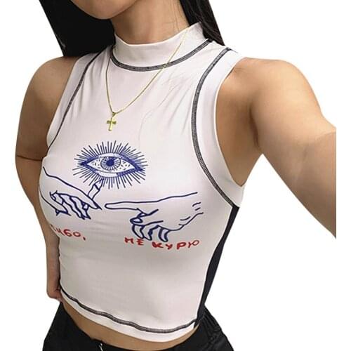 Women Fashion Trend Sleeveless Crop Top Stylish Print Turtle Neck Slim Fitted Tank 2021 Summer Casual New Sun-Tops Camisole