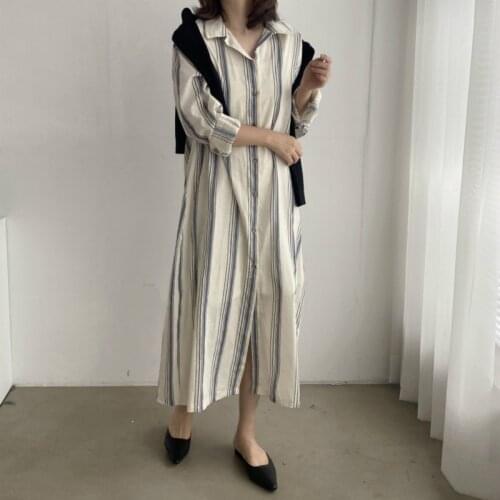 2021 New Women Spring Cotton Stripe Long Shirt Dress Full Sleeve Turn-down Collar Single Breasted Loose Dresses