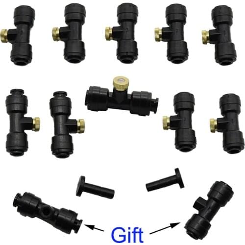 10 Sets 1/4 Inch Tube OD Plastic Slip Lok (Quick Connect) Garden Fogging Misting Nozzle Tees with Brass Sprayer (0.5 mm)