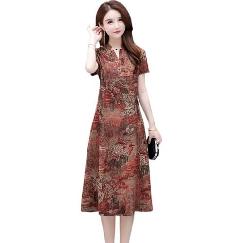 2021 Spring Summer Mulberry Silk Midi Dress Vintage Plus Size 6XL Print silk satin Dress Elegant Women Bodycon Party dress