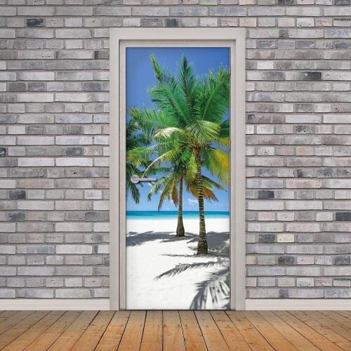 3D Door Mural On The Palm Beach Door Sticker Wallpaper Wall Print Decal Wall Deco Wall Mural Photo self adhesive door wrap