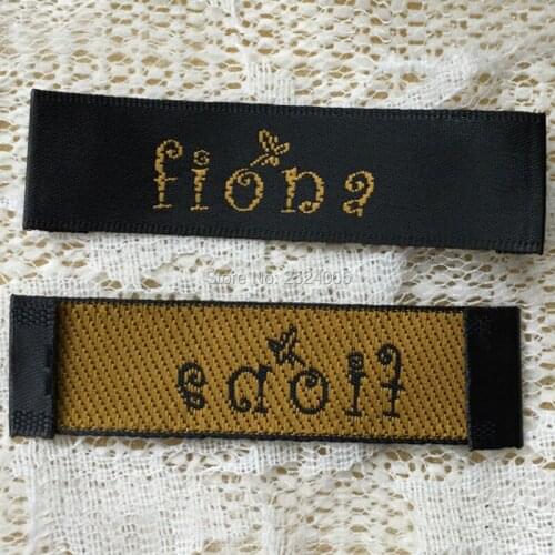 Free shipping woven labels/custom clothing satin woven labels/garment embroidered tags/golden black thread/1000 pcs a lot