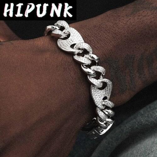HIPUNK Miami Cuban Chain Bracelet Cubic Zirconia Gold Silver Color Rapper Iced Out Hip Hop Jewelry For Men Women