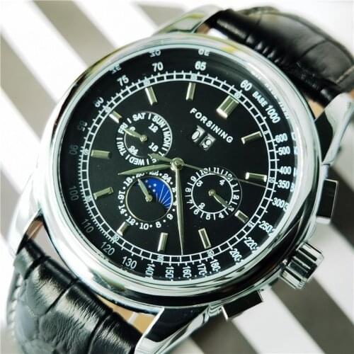 Forsining Mechanical Automatic Watch For Men Luxury Diamond Clock Black Leather Strap Fashion 3 Dial Man Wristwatch Мужские часы