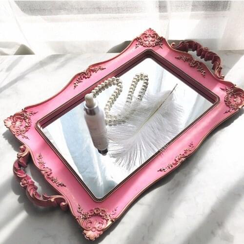 French Retro Pink Mirror Tray Food Teacup Jewelry Storage Box Luxury Rectangular Tray Home Decoration Wedding Photography Props