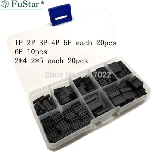 150PCS/LOT 2.54mm Plastic Dupont Jumper Shell Wire Kit With Box 1P 2P 3P 4P 5P 6P 2*4P 2*5P Wire Plug Cable Female Pin Connector