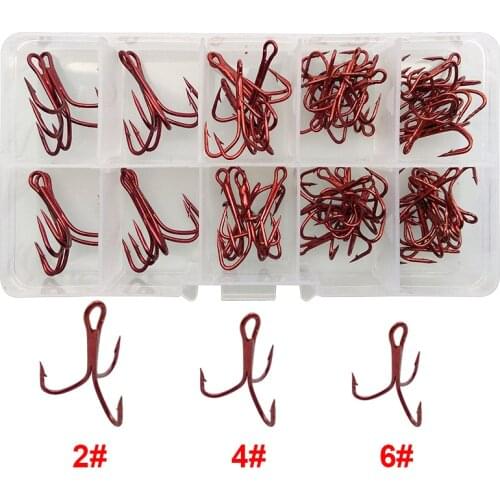 50pcs 35647 High Carbon Steel Treble Fishing Hooks Red Small Wide Gap Triple Hard Lure Spoon Fishing Hook Set With Box