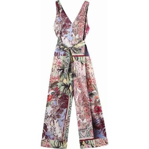 Summer Womens Casual Printed Waistband Decorative Sling Wide Legs Jumpsuits