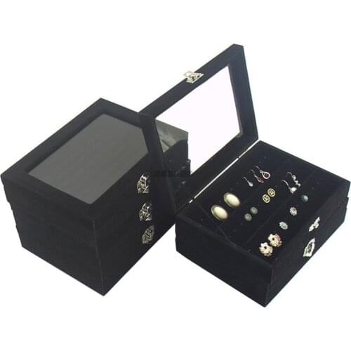 Small Velvet black Carrying Case with Glass Cover Jewelry Ring Display Box Tray Holder Storage Box Organizer Earrings Ring Brace
