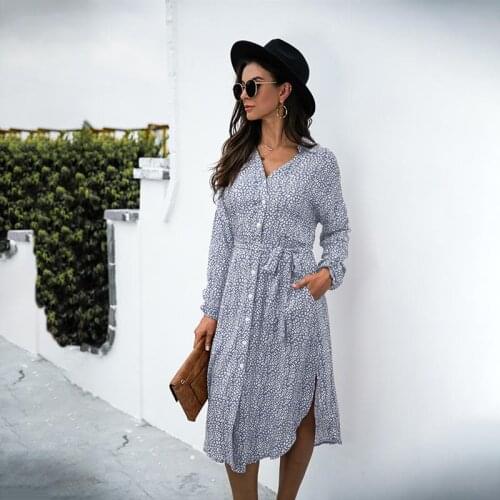 Fashion Women Dress Long Sleeve Printed Knee Belt Button V-Neck Mid-Calf Dress Ladies Floral Casual Outdoor Female Dress