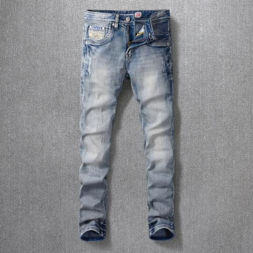 Italian Vintage Fashion Men Jeans High Quality Retro Light Gray Blue Elastic Slim Ripped Jeans Men Korean Designer Denim Pants