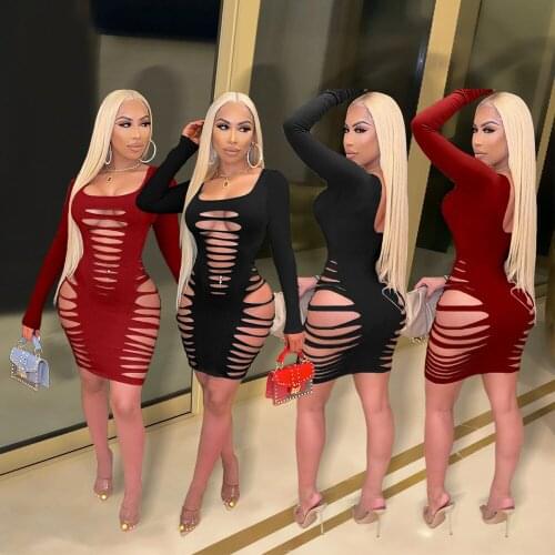 New Sexy Dresses for Women Clubwear Hollow Out Holes Sexy Long Sleeve Solid 2021 Wholesale Item Autumn Party Punk Rave Dress