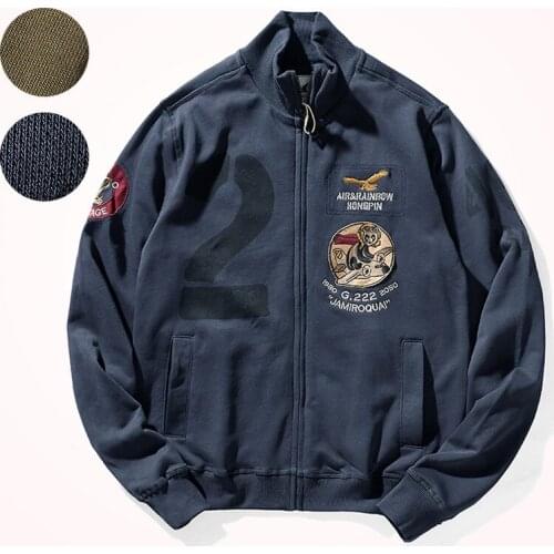 Autumn and Winter New Military Style Knitted Embroidery Jacket Mens Fashion Retro Washed Old Terry Cloth Sports Casual Coat