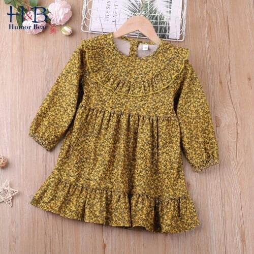 Humor Bear Girls Dress New Autumn Long-Sleeve Ruffle Floarl Printed Princess Dress Toddler Kids Clothes