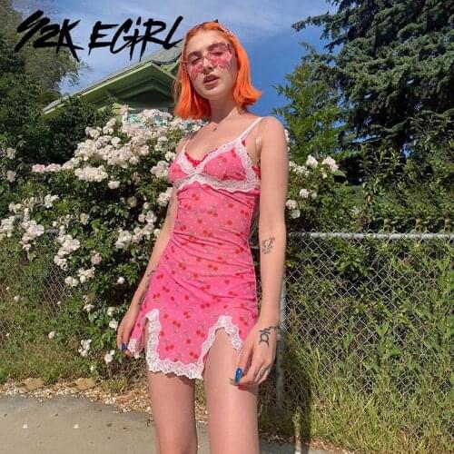 Y2K EGIRL 2000s Streetwear Kawaii Cherry Pink Dresses Y2K Aesthetics Cross Lace Trim Slit Cami Dress Print Kawaii Outfit Vintage