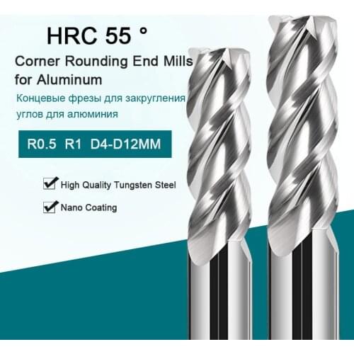 Tungsten Carbide Corner rounding End Mills CNC Milling Cutter 3 Flutes CNC Tools Round Nose Router Bit R1 R0.5 For Aluminum 55
