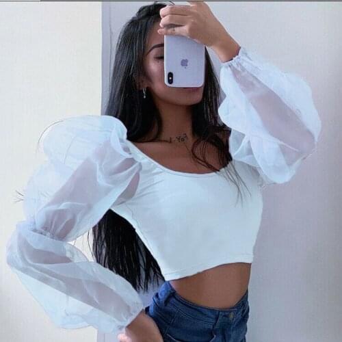 Summer Elegant Women Square neck Long Lace Puff Sleeve See-through Pullover Elastic Crop Tops Blouse