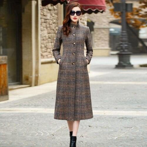 2020 Fashion Woolen Winter Coats Office Lady lattice Single Breasted Wool Coat Jacket Wide-waisted Ladies Large size Long parkar