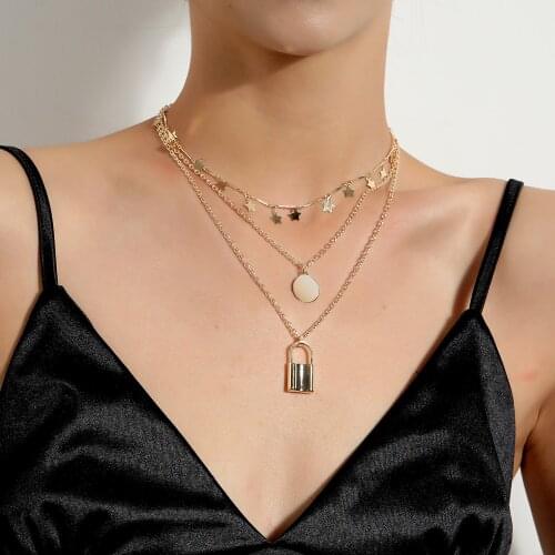 Vintage Multi-layer Lock Circle Sequins Necklace Pendant Women Personality Simple Geometric Star Clavicle Chain Choker Necklaces