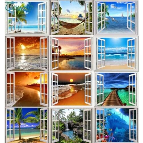 5D DIY Diamond Painting Cross Stitch window Seaside Sunset blue ocean Landscape Full Drill Rhinestones Mosaic Diamond Embroidery