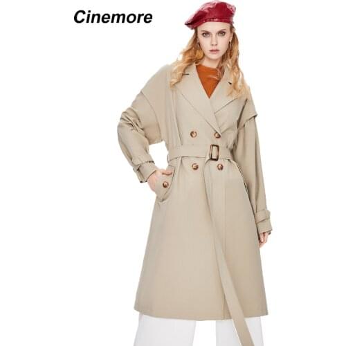 Cinemore Womens Jacket Spring 2021 Autumn Women Trench Coat Long Cotton Double Breasted Lapel Belt Loose Windbreaker 92233