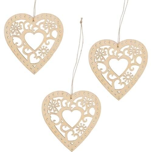 10PCS Wooden Hollow Flower Love Heart Wood Ornament With Hemp Rope For Rustic Wedding Embellishment Home Decoration Hanging Deco