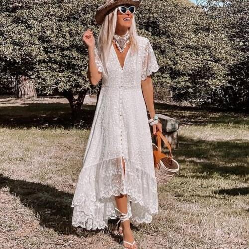 GypsyLady white casual summer Dress elegant mesh chic Ruffles Holiday Party Dress button front sheer Ins Ladies Women Dresses