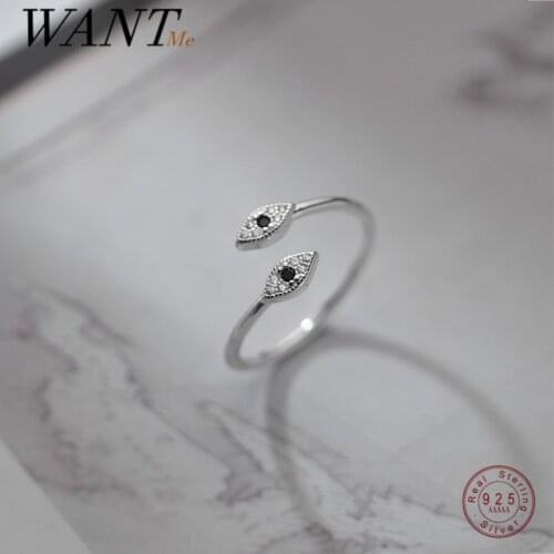 WANTME 925 Sterling Silver Classic Retro Devil Eye Black Zircon Opening Ring for Fashion Women Punk Charm Evil Eyes Jewelry