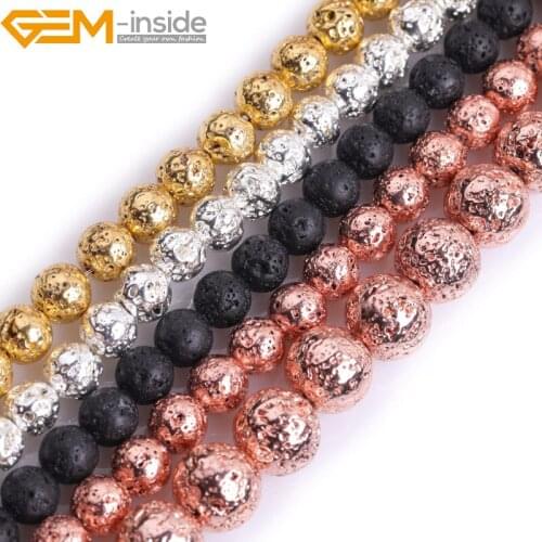 Black Rose Gold gold Metallic Coated Round Volcanic Rock Stone Beads For Jewelry Making Strand 15 inch DIY gift NecklaceB