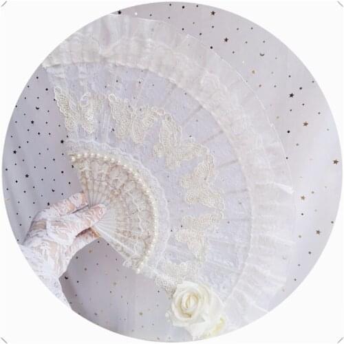 Fashion Vintage White Lace Fan Handmade Lolita Pearl Butterfly Rose Harajuku Gothic Photo Shoot Studio Wedding Handheld Prop