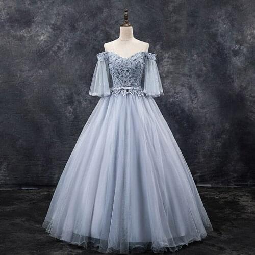 New Quinceanera Dresses 2021 With Appliqué Grey Party Prom Gown Half Sleeves Sexy V-Neck Luxury Vestidos De Fiesta Años 2021