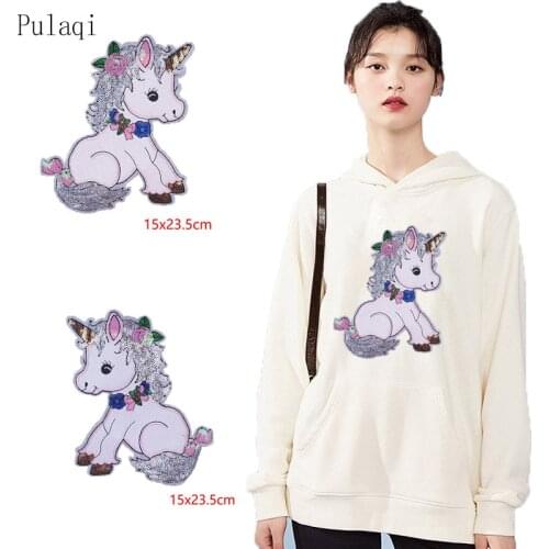 Pulaqi Unicorn Sequin Patch Iron On Embroidered Cartoon Patches Stripes For Clothes T Shirt Ironing Patch Sewing Appliques DIY