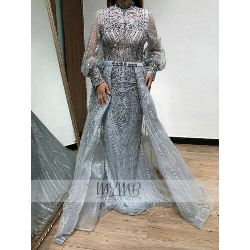 2021 Dubai Luxurious Evening Wedding Gowns Grey Halter Lace Embriodery Long Puffy Sleeve Hijab Bridal Mother Dress With Overlay