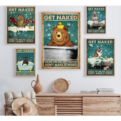 Mermaid Cat Otter Pitbull Dog Bear Poster Get Naked Quote Print Bathroom Wall Art Toilet Canvas Pictures Retro Room Wall Decor