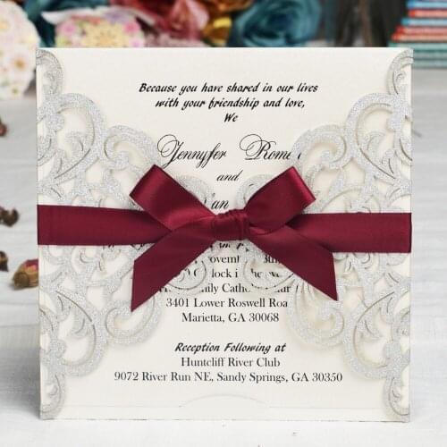 Silver Glitter Laser Cut Wedding Invitations Cards With Burgundy Ribbons for Marriage Birthday Party,Customizable 50pcs