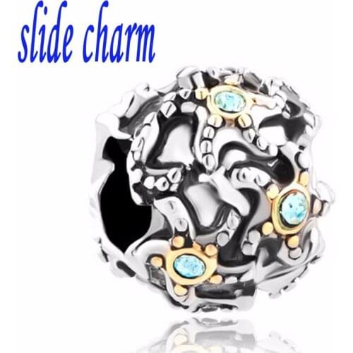 Slide charm Free shipping Valentines Day gift and children living marine blue crystal starfish fit Pandora charm bracelets
