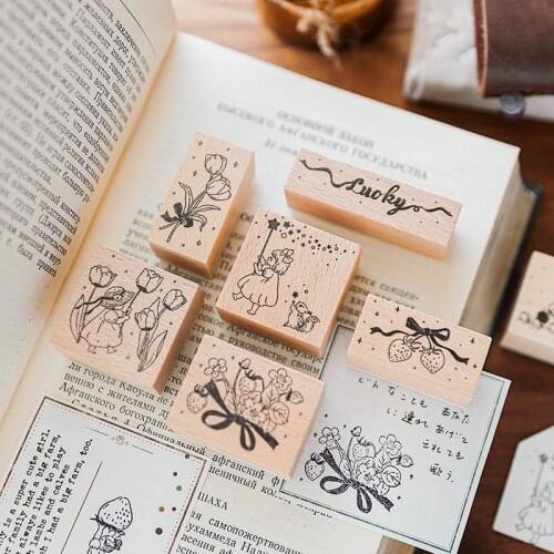 Sweet Words Series Seal Flower Strawberry Moonlight Vintage Wooden Rubber Stamps DIY Rubber Stamp for Card Making Scrapbooking