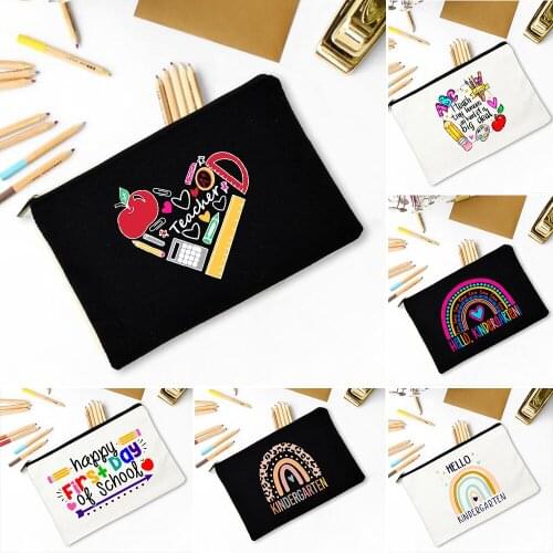 Happy First Day of School Large Capacity Pencil Bags Fashion Teacher Student Stationery Supplies Storage Pencil Pen Case Handbag