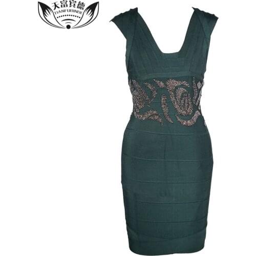 2018 New Sexy V neck Women Bandage Dress Elegant Beading Embroidery Knee Length Bodycon Back Deep V Party Dress Vestidos