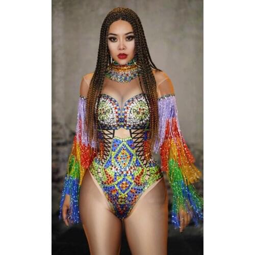 Sexy DJ Women Singer Crystals Leotard Stage Wear Multi-color Rhinestones Fringe Bodysuit Bar Pole Dancing Show Tassels Costume