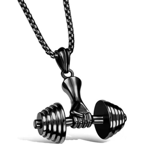 Gold Black Dumbbell Pendant Men Necklaces Gym Fitness Stainless Steel Chain for Boyfriend Male Necklace Jewelry Gift Wholesale