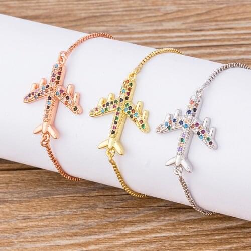 2020 Fashion Airplane Adjustable Bracelet Bangle 3 Colors Choose Charm Copper CZ Chain Bracelet For Women Rhinestone Jewelry
