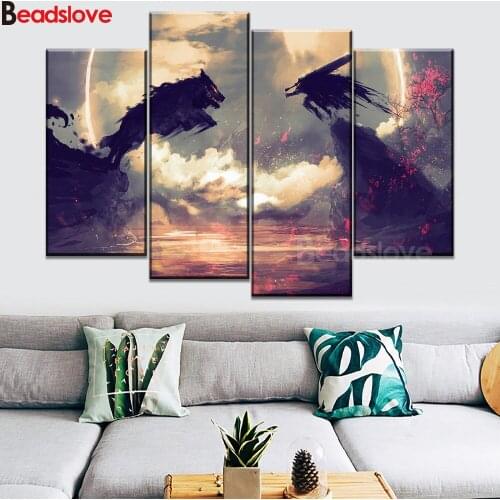 4pcs Diamond Paint anime wolf battle handmade diamond cross stitch Mosaic home decorative art painting round square drill