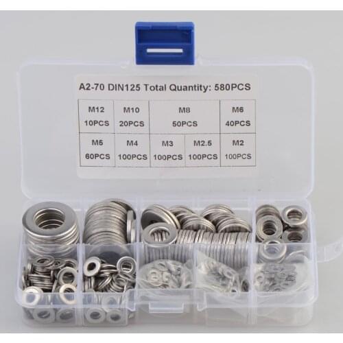 580pcs Set 304 Stainless Steel Assorted Washers Metric Flat Washer Tool M2-M12