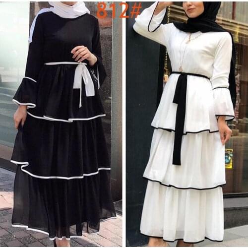 Arab Womens Wear Long Dress Middle East Fashion Cake Layer Black and White Dress with Ankle Female Dress muslim sets