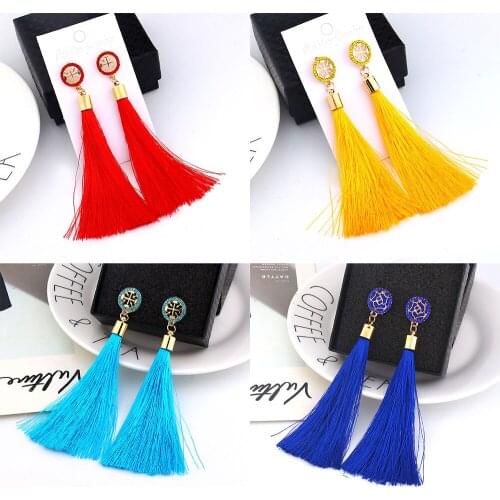 Bohemian Tassel Crystal Long Drop Earrings for Women Cotton Silk Fabric Fringe Earrings 2019 Fashion Woman Jewelry