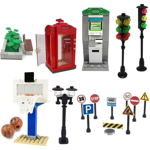 City Building Blocks Phone Box ATM Trash Can Traffic Sign Light Street View Basketball Stand Toys For Children Figures MOC Citys