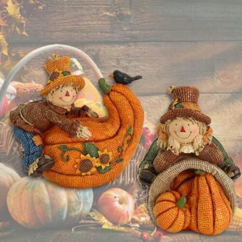 Harvest Day Simulation Pumpkin Ornaments Burlap Scarecrow Boy Girl Resin Statue Creative Sculpture for Home Decor Indoor
