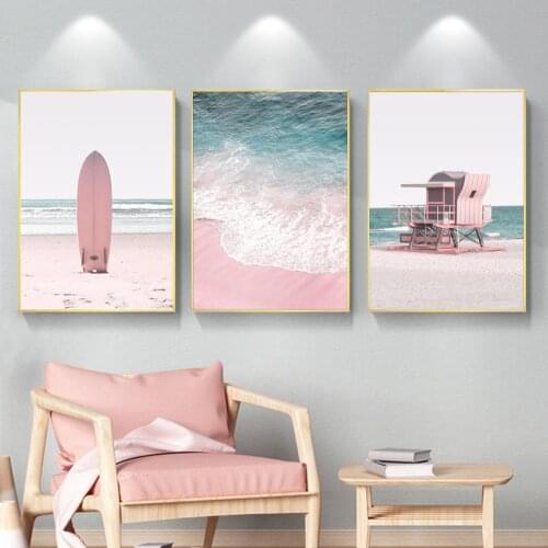 Beach Canvas Painting, Blush Pink Surf & Ocean Poster , Surfer Art , Modern Wall Pictures, Beachy California Home Decor